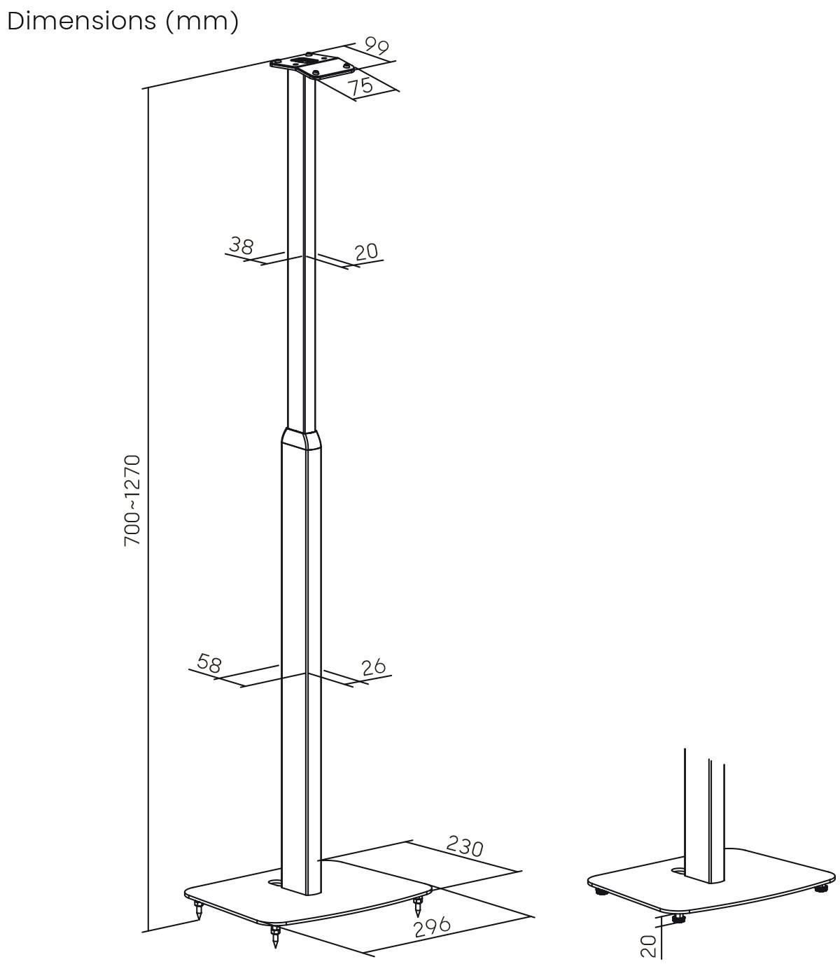 'Diagramm einer höhenverstellbaren Halterung in Millimetern. Gesamthöhe 700-1270 mm, mit Basisabmessungen 230x296 mm. Details zeigen Höhe und Breite.'