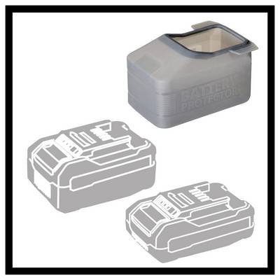 Ein grauer Batteriekasten mit transparentem Deckel. Zwei graue Batterien sind daneben als Illustrationen dargestellt.