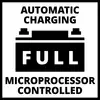 'Automatic Charging Full Microprocessor Controlled'. Schwarz-weißes Symbol einer voll aufgeladenen Batterie mit zwei Anschlüssen oben.