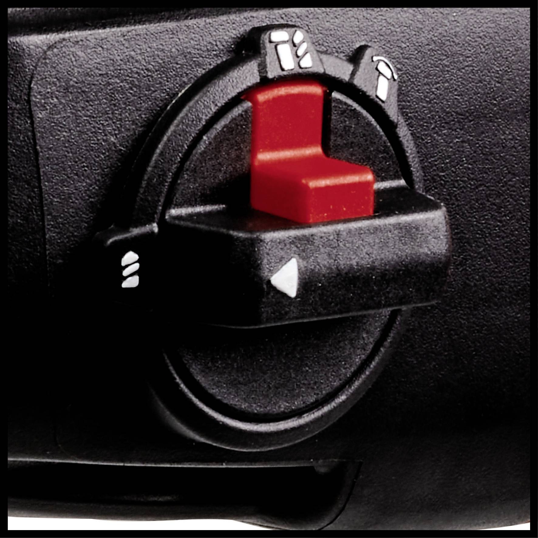 Nahaufnahme eines Schalters an einem elektronischen Gerät. Der Schalter zeigt auf die rote Position, umgeben von Symbolen für verschiedene Einstellungen.