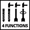 '4 Funktionen' - Piktogramm zeigt vier stilisierte Schrauben: rotierend, vertikal, waagerecht und drehend.