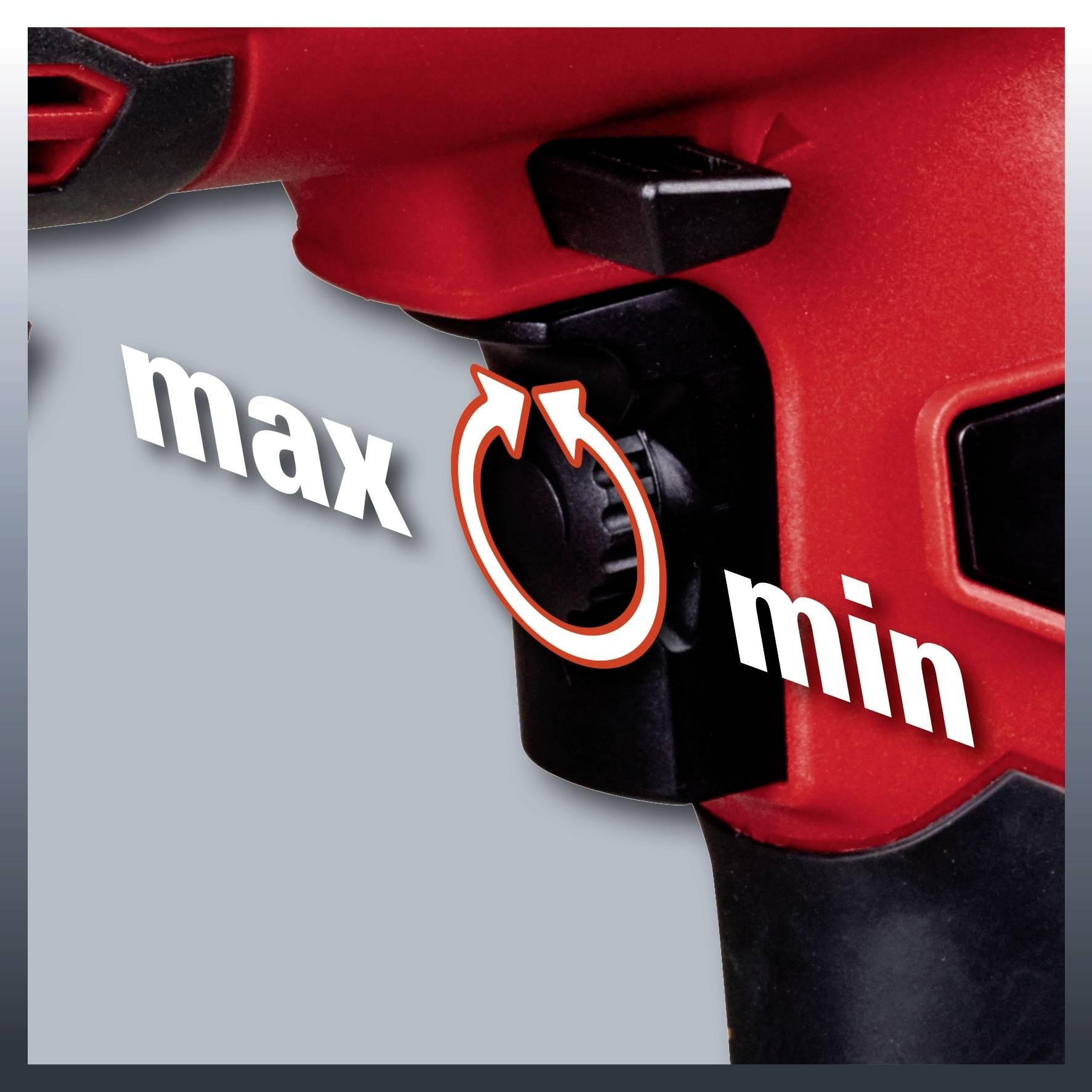 Nahaufnahme eines Einstellrads an einem Gerät mit den Markierungen 'max' und 'min', das die Geschwindigkeit oder Intensität regelt.