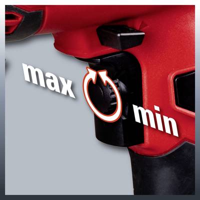 Nahaufnahme eines Einstellrads an einem Gerät mit den Markierungen 'max' und 'min', das die Geschwindigkeit oder Intensität regelt.