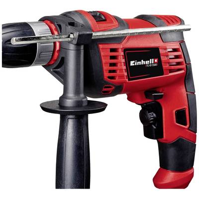 Ein roter Einhell-Bohrmaschine mit schwarzem Haltegriff und Drehzahlregler. Sie ist auf einer weißen Fläche abgebildet.