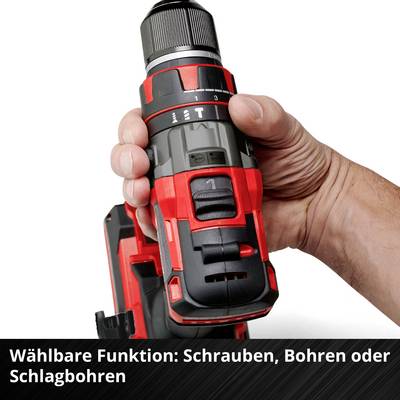 'Akkubohrmaschine mit einstellbaren Modi zum Schrauben, Bohren oder Schlagbohren, wird von einer Hand gehalten.'