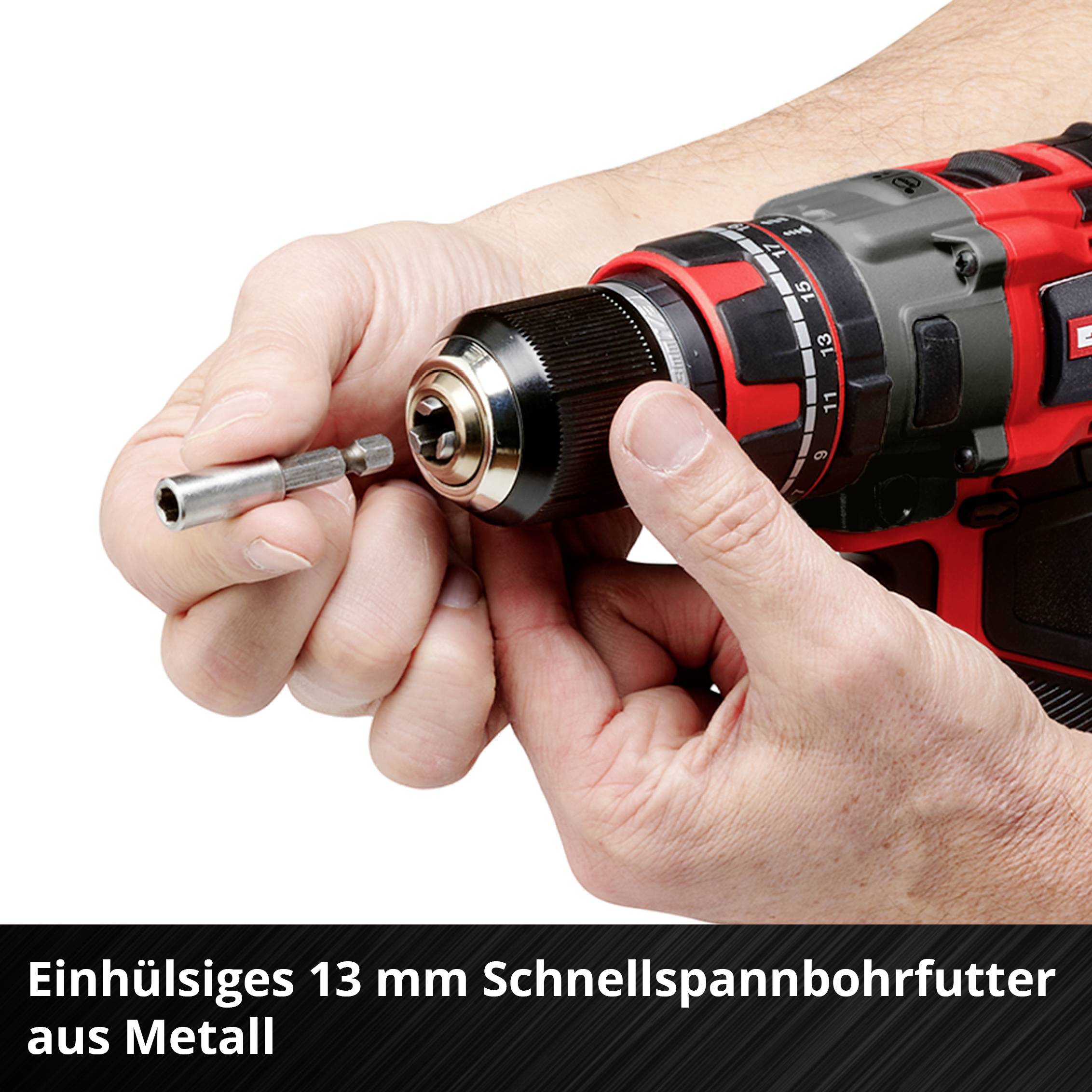 Eine Hand bedient einen Akkubohrschrauber mit einem 13 mm Schnellspannbohrfutter aus Metall. Darunter steht der Text: 'Einhülsiges 13 mm Schnellspannbohrfutter aus Metall'.