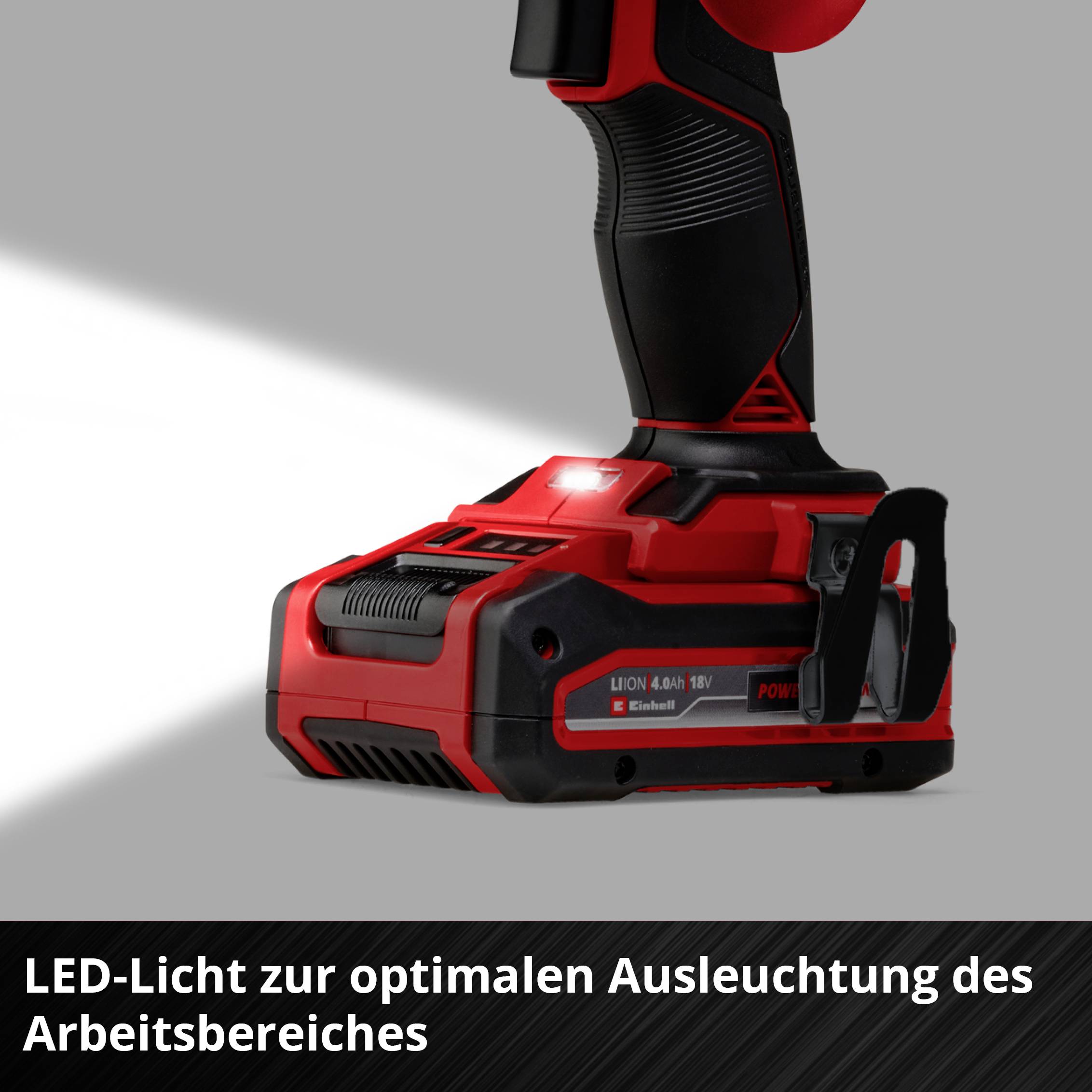Ein rotes LED-Lichtwerkzeug leuchtet einen Arbeitsbereich aus, mit dem Text 'LED-Licht zur optimalen Ausleuchtung des Arbeitsbereiches'.