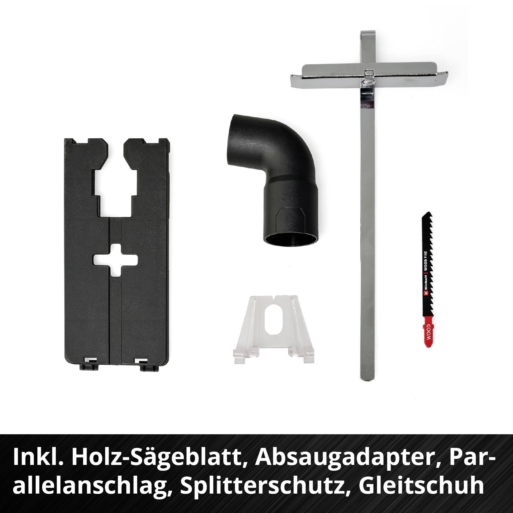 'Sägeblatt mit Zubehör: Holz-Sägeblatt, Absaugadapter, Parallelanschlag, Splitterschutz, Gleit- und Führungsschuh vorne zu sehen.'