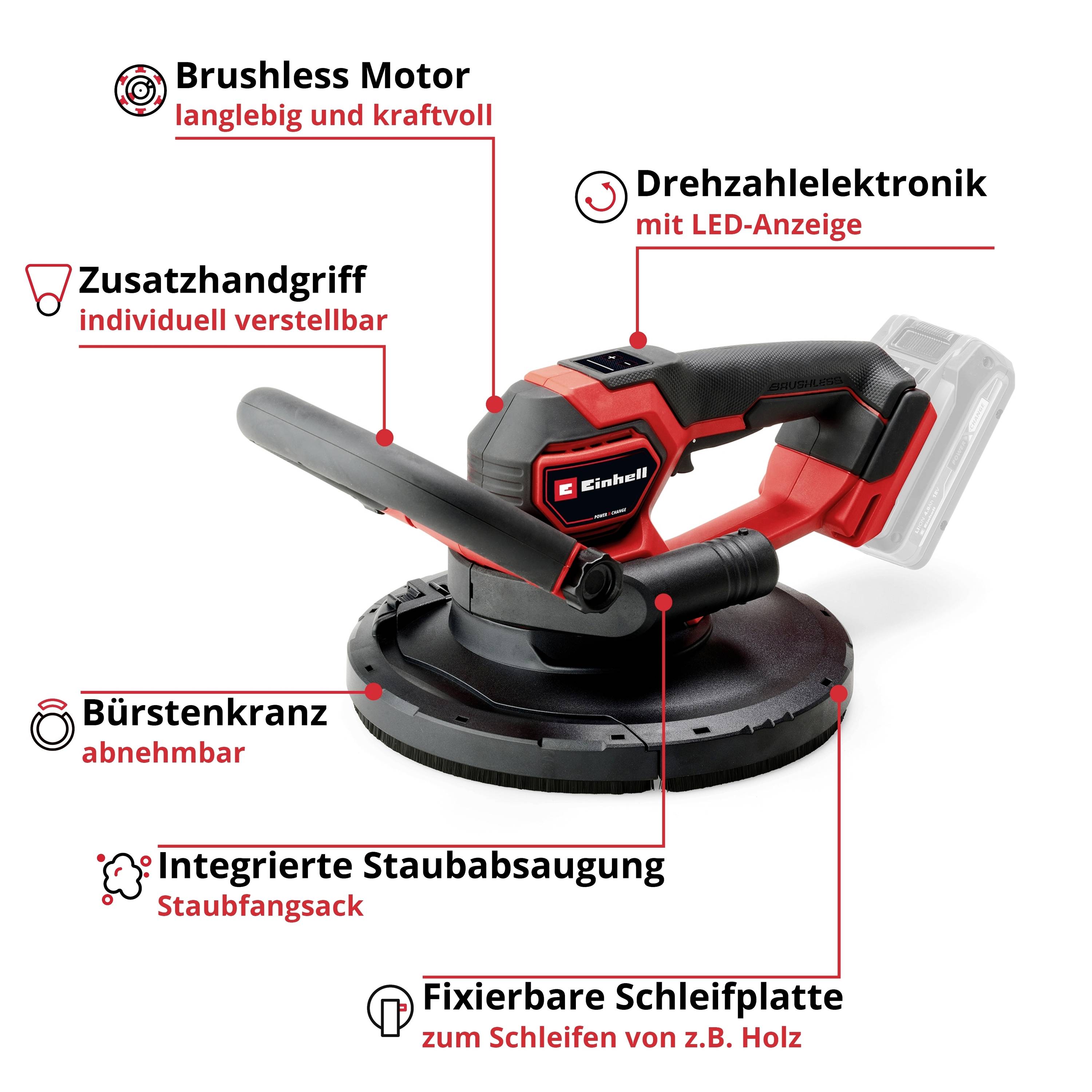 'Einhell Schleifgerät' mit beschrifteten Features: brushless Motor, verstellbarer Zusatzhandgriff, Drehzahlelektronik, abnehmbarer Bürstenkranz, integrierte Staubabsaugung, fixierbare Schleifplatte.