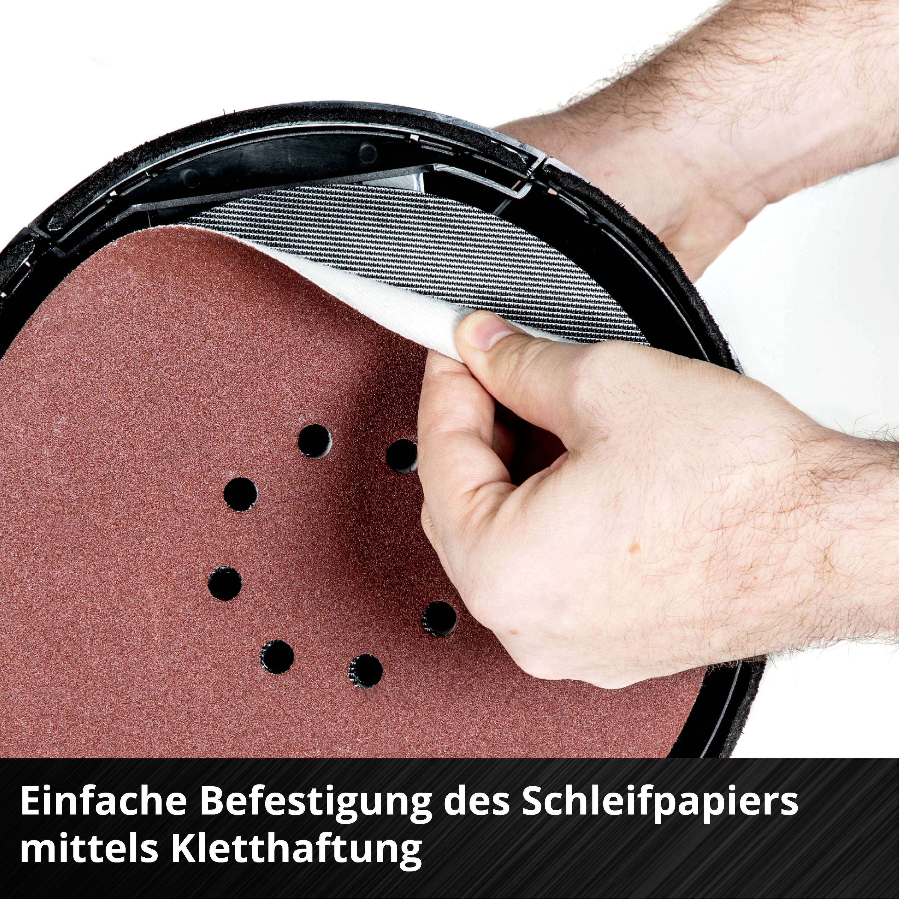 Runde Schleifscheibe wird mit Klettverschluss auf Schleifteller befestigt. Text: 'Einfache Befestigung des Schleifpapiers mittels Kletthaftung'.