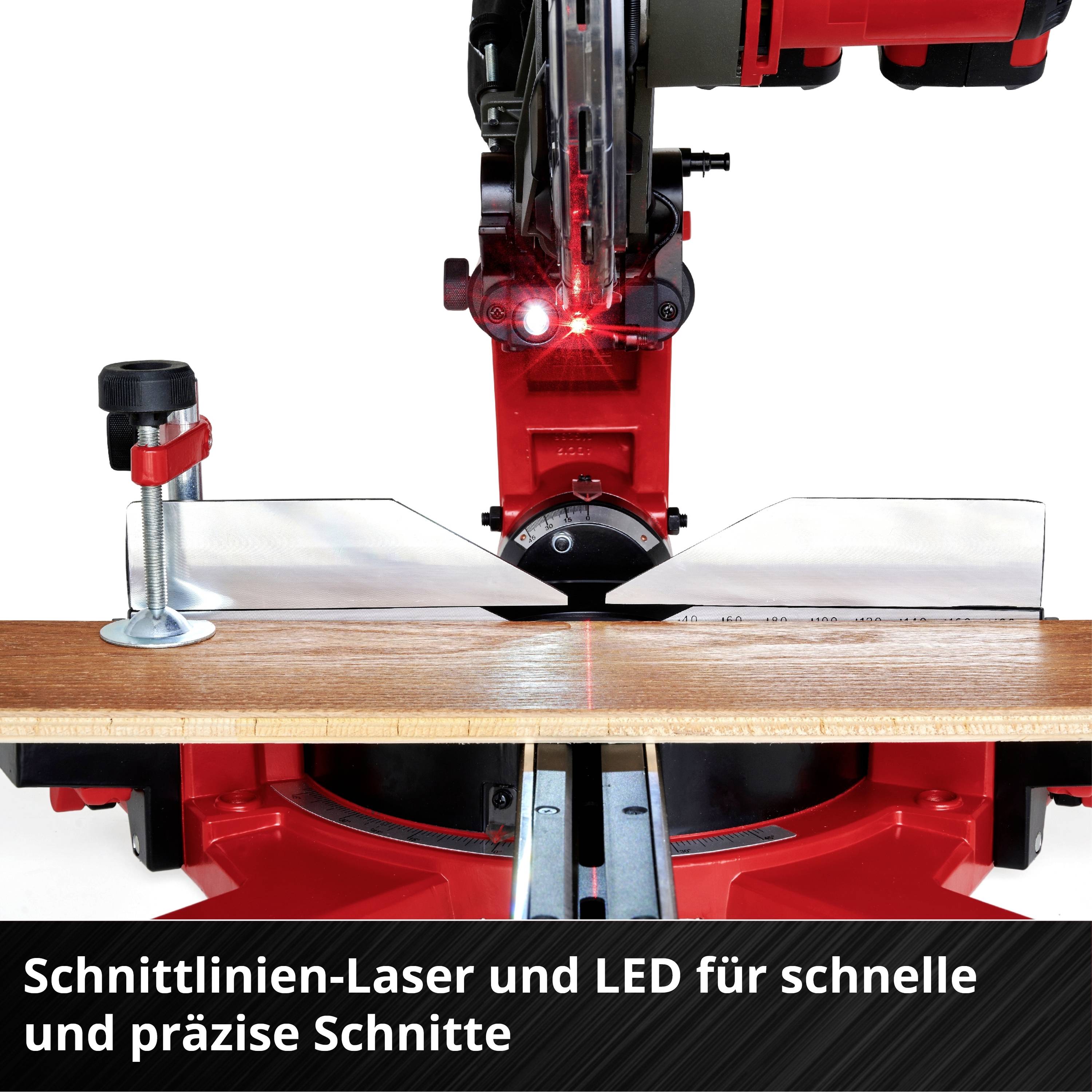 Eine elektrische Kappsäge mit Schnittlinien-Laser und LED, die ein präzises Schneiden von Holz ermöglicht.