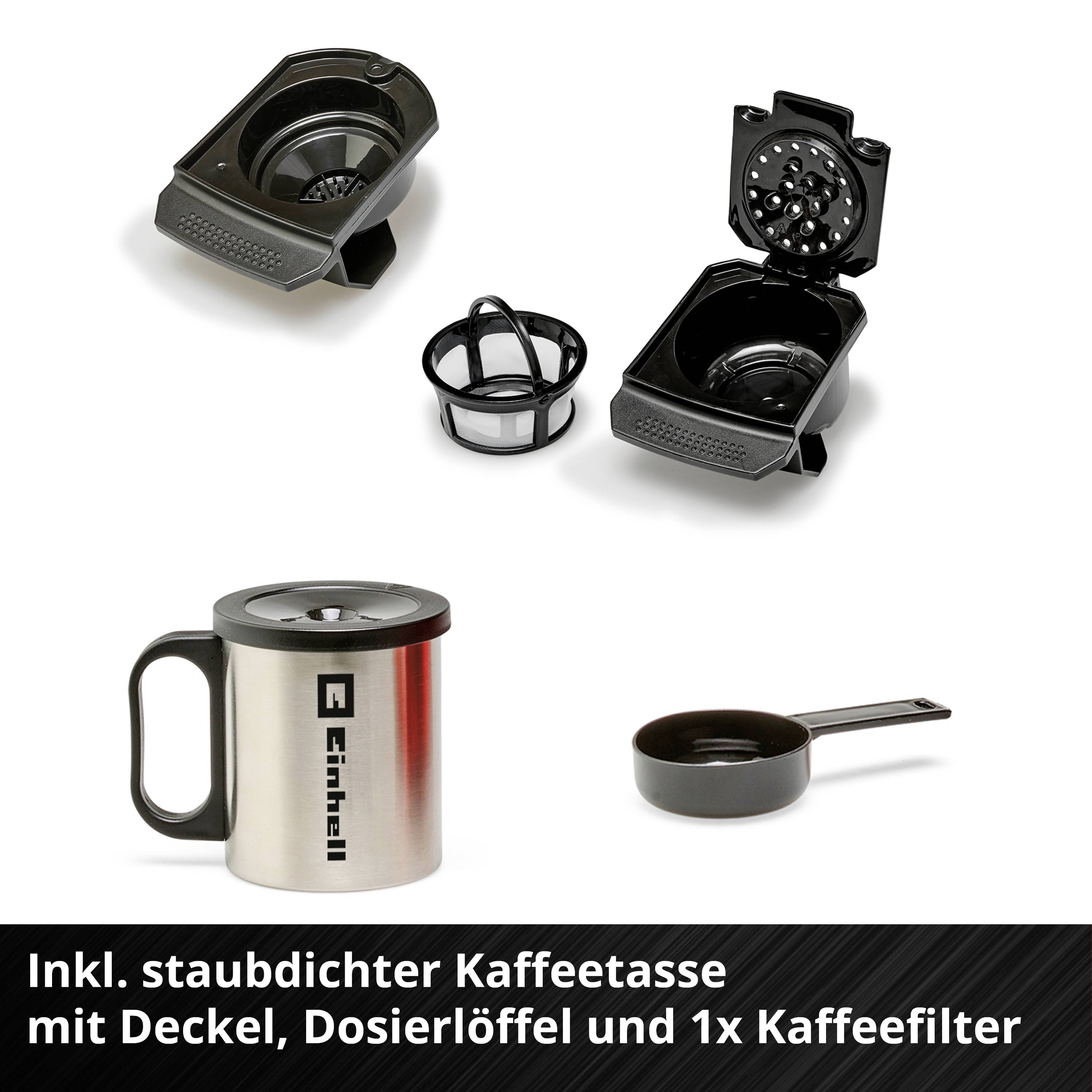 'Inkl. staubdichter Kaffeetasse mit Deckel, Dosierlöffel und 1x Kaffeefilter' zeigt ein Set aus Kaffeetasse, Dosierlöffel und Filter.