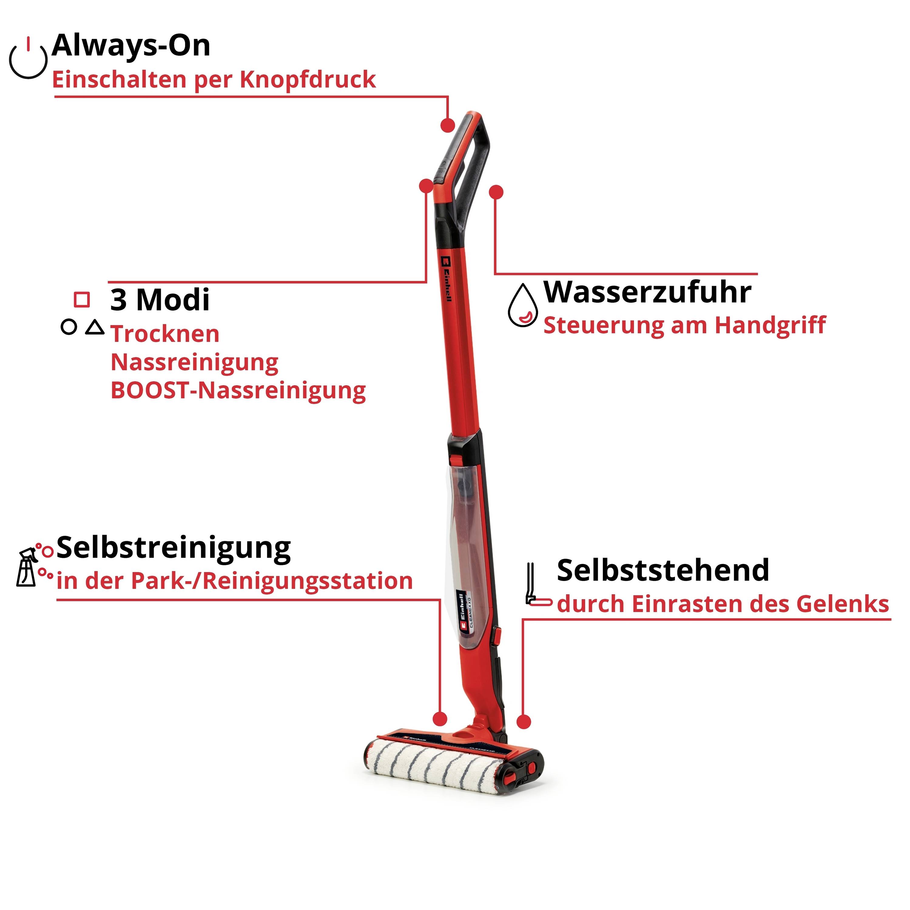 'Roter Bodenreiniger mit langem Griff und rotierendem Kopf. Funktionen: Always-On, 3 Modi (Trocken, Nass, BOOST), Wasserzufuhr, Selbststehend, Selbstreinigung.'