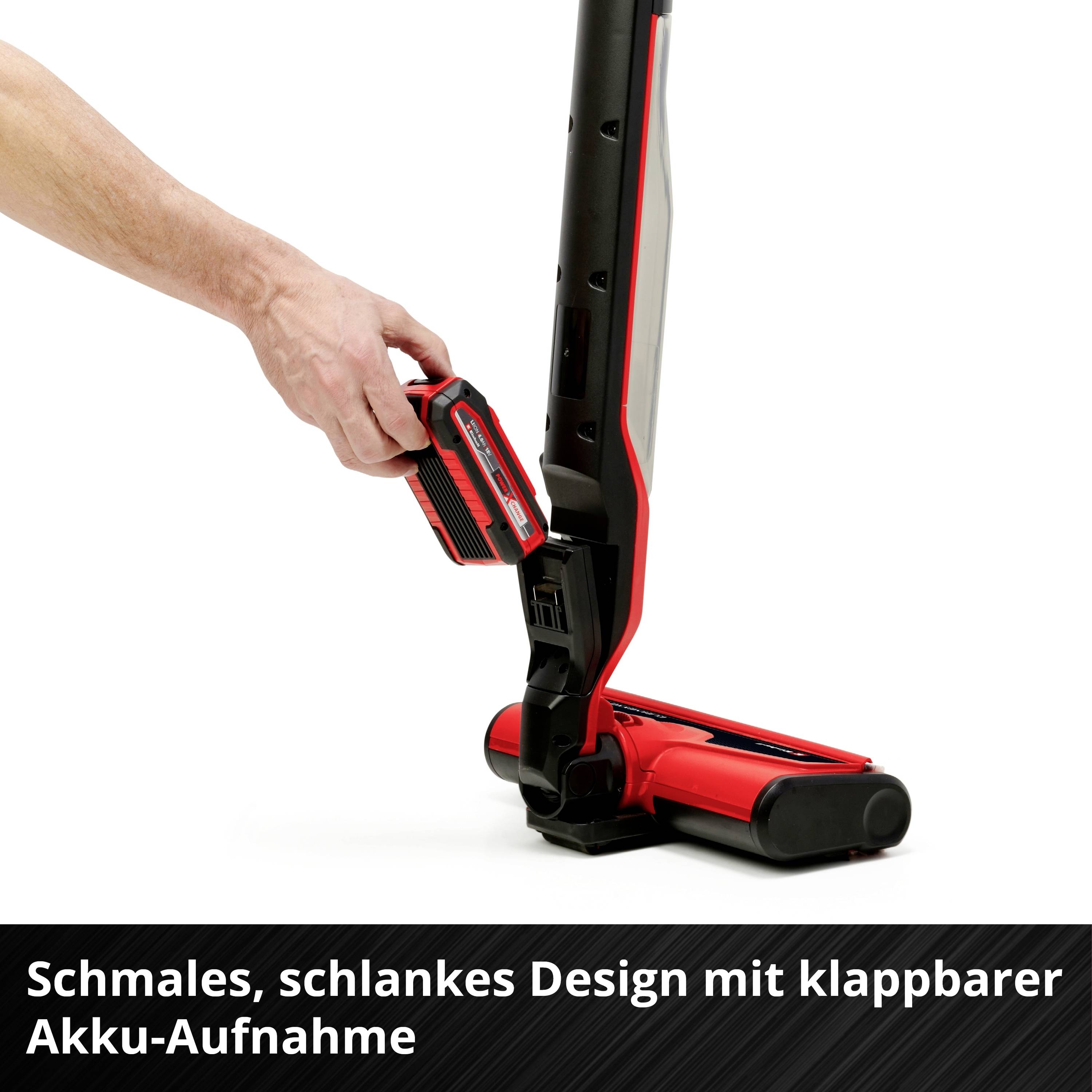 Person hält abnehmbare Batterie an einem kabellosen Staubsauger mit schlankem Design. Testet die Klappmechanik der Batterieaufnahme.