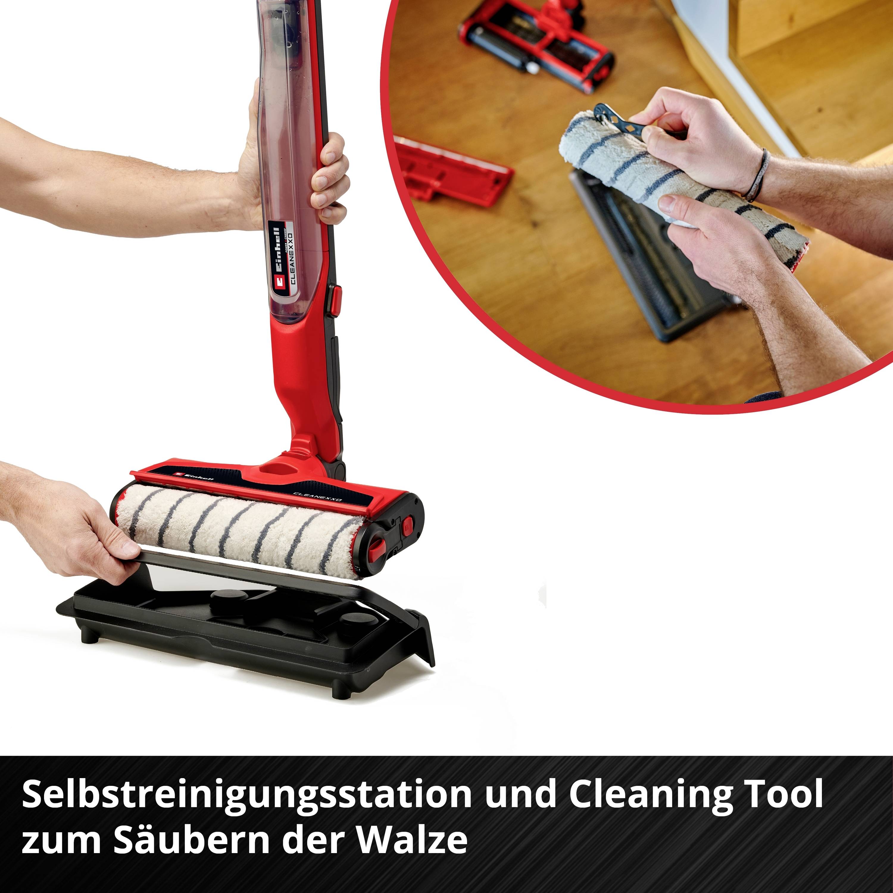 'Selbstreinigungsstation und Cleaning Tool zum Säubern der Walze.' Zwei Hände nutzen Werkzeuge zur Reinigung eines Bodenwischers.