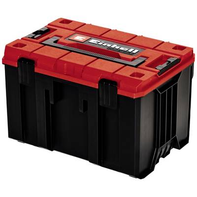 Rote und schwarze Werkzeugkiste mit Einhell-Logo auf dem Deckel. Ideal zur Aufbewahrung und Transport von Werkzeugen.