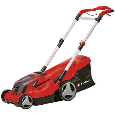 Roter elektrischer Rasenmäher mit zwei wiederaufladbaren Batterien, Ladestation und Griffbefestigung. Geeignet für kleine bis mittlere Rasenflächen.