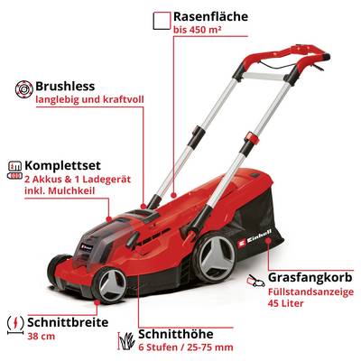 Ein roter Rasenmäher mit beschrifteten Funktionen: bürstenloser Motor, komplettes Set mit Zubehör, Fangkorb-Kapazität, Schnittbreite und Höheneinstellungen. Geeignet für Flächen bis zu 450 m².