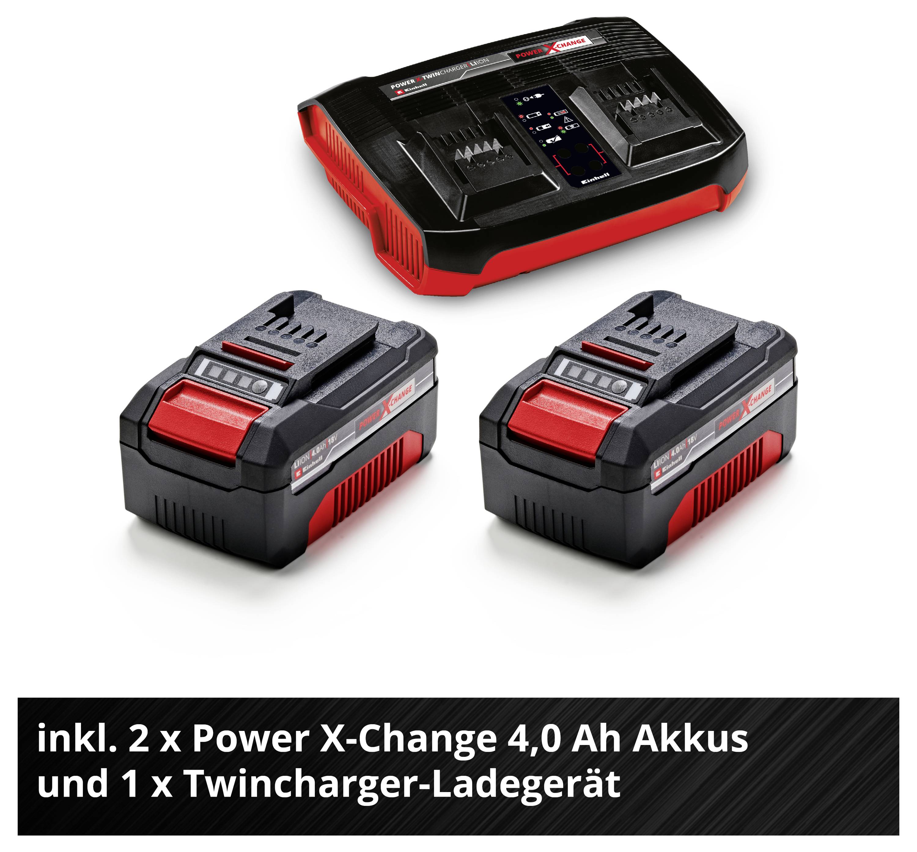 Power X-Change Set inklusive zwei 4.0 Ah Akkus und einem Twincharger Ladegerät.