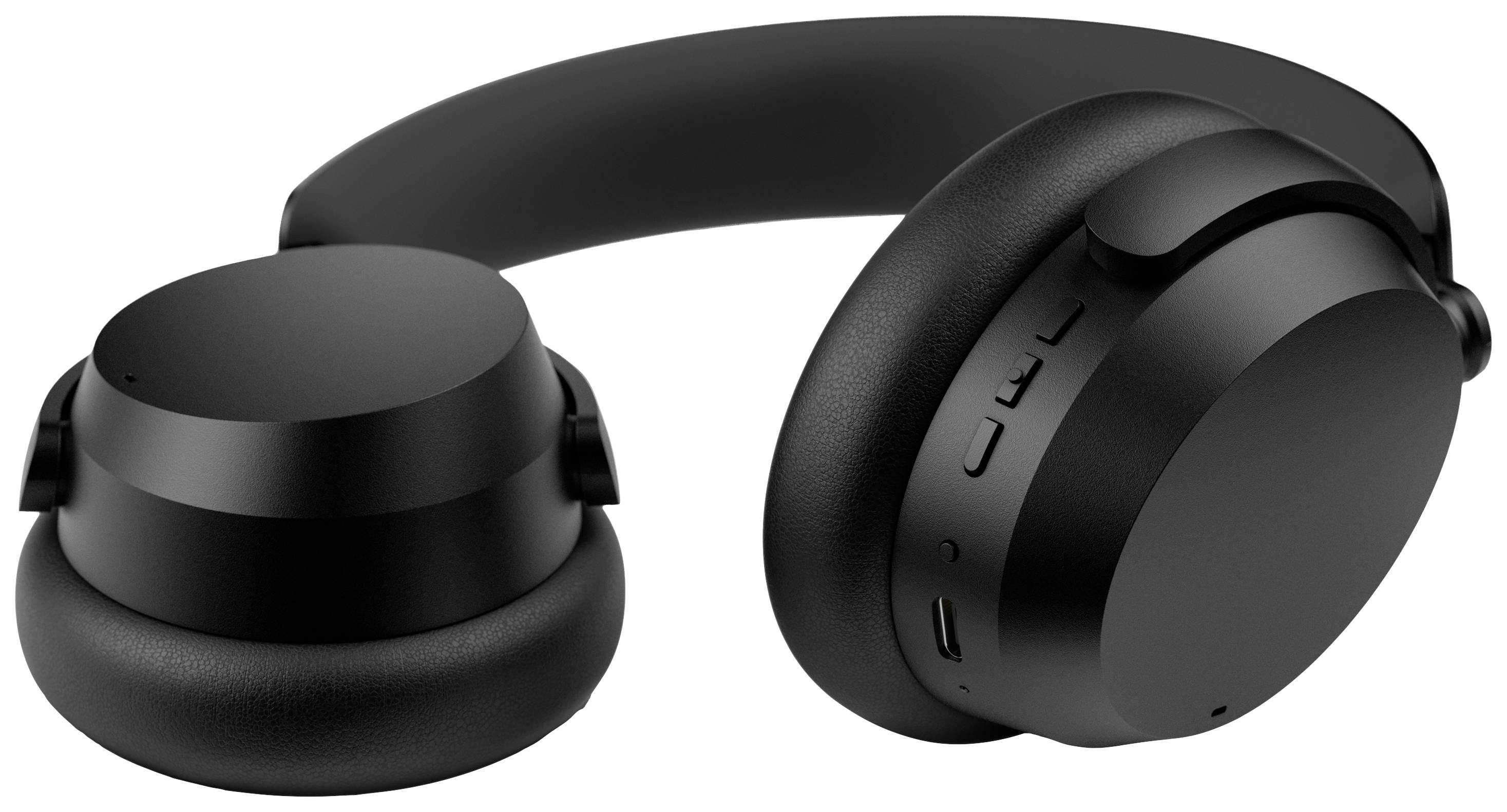 Schwarze kabellose Over-Ear-Kopfhörer mit gepolsterten Ohrmuscheln und Bedienknöpfen an der Seite, auf weißem Hintergrund.