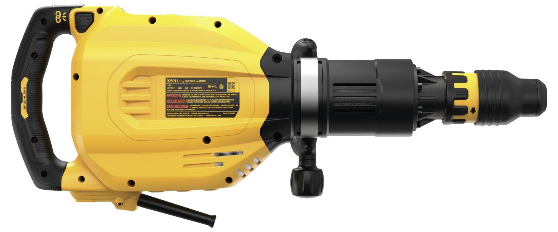 Gelber Abbruchhammer mit schwarzem Griff und Details, seitliche Markierungen mit technischen Informationen, geeignet für schwere Bauarbeiten.