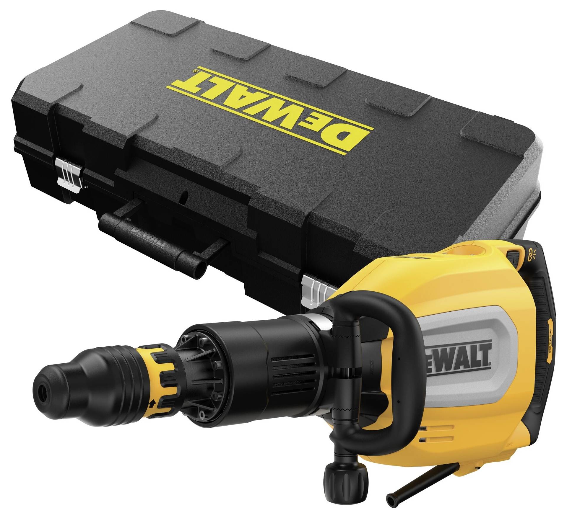 Ein gelber Bohrhammer von DeWalt mit Werkzeugkoffer. Der Bohrhammer hat einen ergonomischen Griff und ist für schwere Arbeiten geeignet.