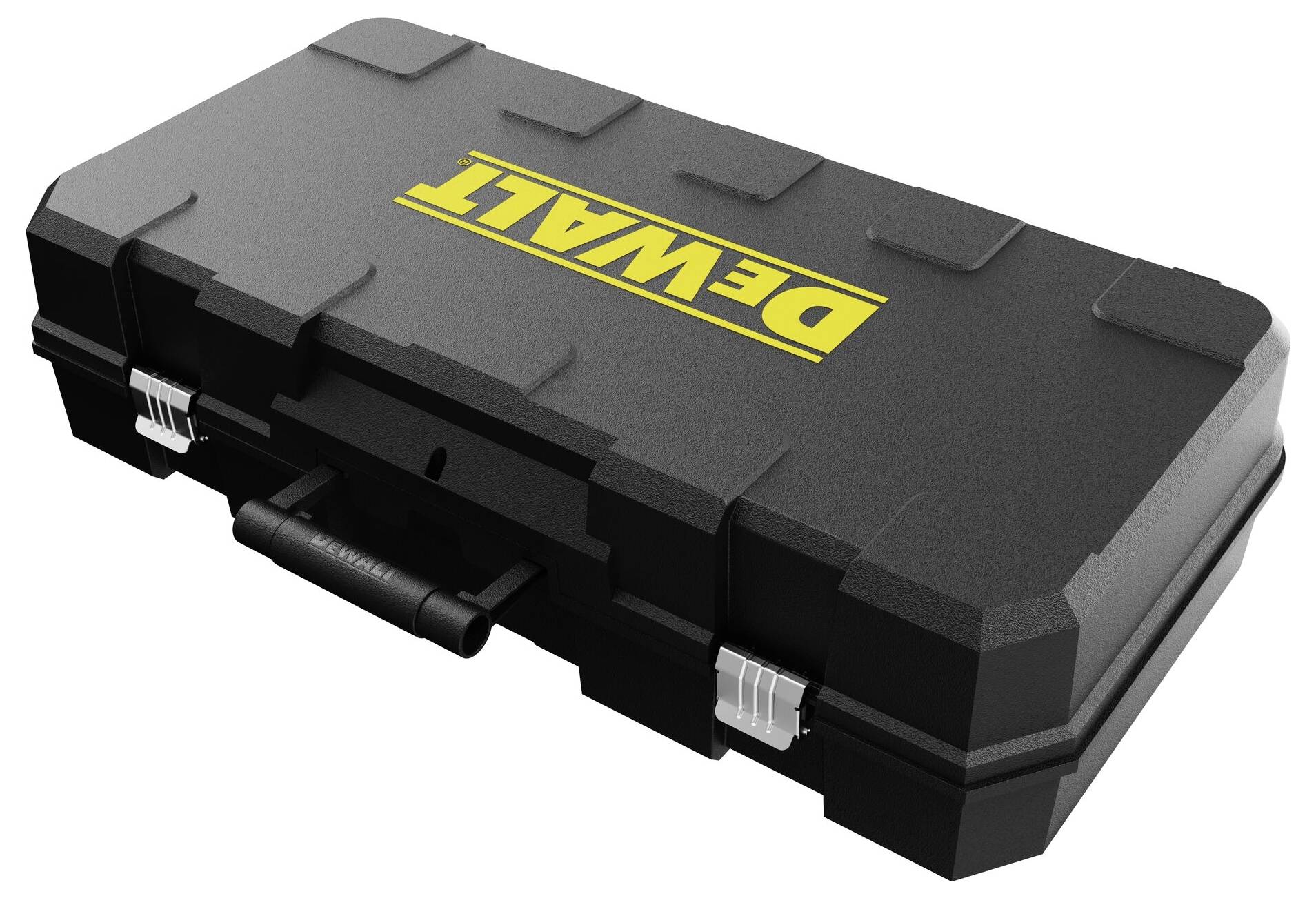 Schwarzer Werkzeugkoffer mit gelbem 'DEWALT'-Logo auf dem Deckel, geschlossen mit zwei silbernen Verschlüssen und einem Tragegriff.