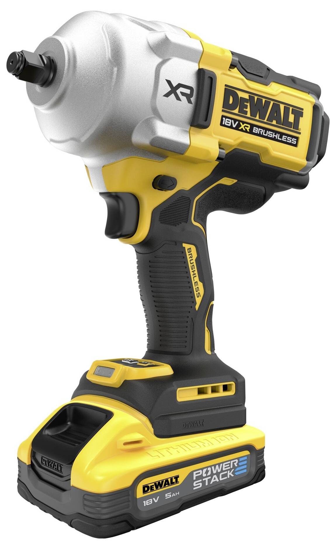 Akkuschlagschrauber mit gelbem und schwarzem Design, zeigt DeWalt-Logo und '18V XR Brushless' Aufschrift auf der Seite.
