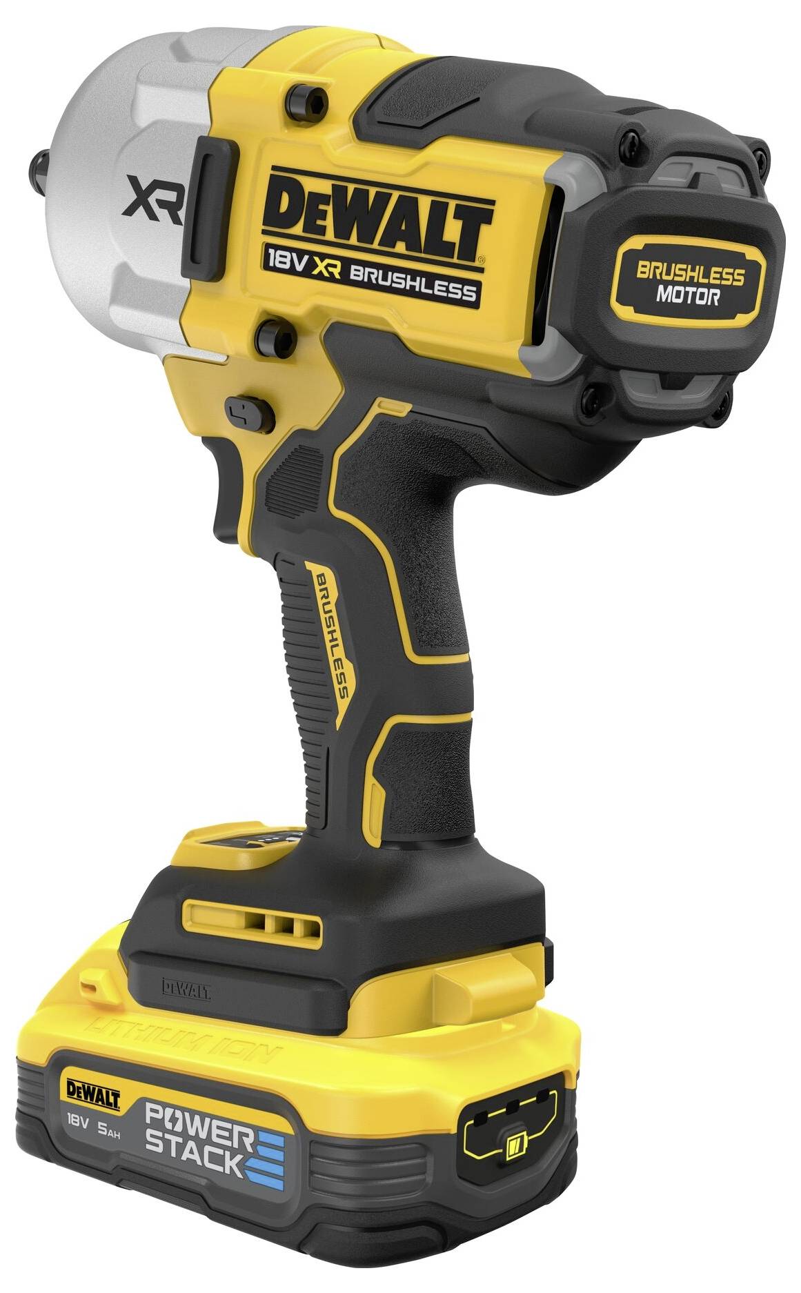 Ein gelber und schwarzer DeWalt Akku-Schlagschrauber, Modell '18V XR Brushless', mit montiertem Dewalt Powerstack Akku.