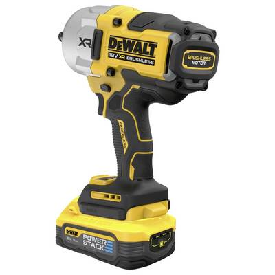 Ein gelber und schwarzer DeWalt Akku-Schlagschrauber, Modell '18V XR Brushless', mit montiertem Dewalt Powerstack Akku.