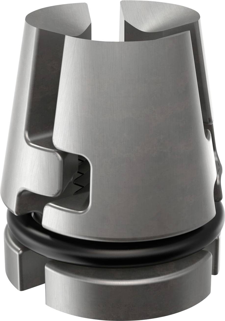 Metallisches Bauteil mit kreisförmiger Basis und schwarzen Ringen, möglicherweise ein Teil einer Maschine oder eines Werkzeugs.