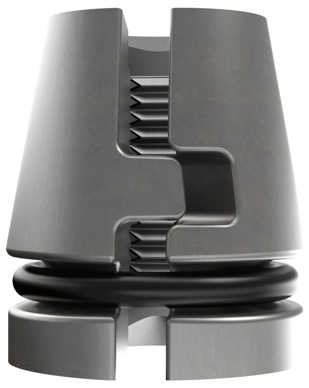 Ein silbernes Metallbauteil mit Gewinde und schwarzem Dichtungsring, vermutlich Teil einer mechanischen oder hydraulischen Vorrichtung.