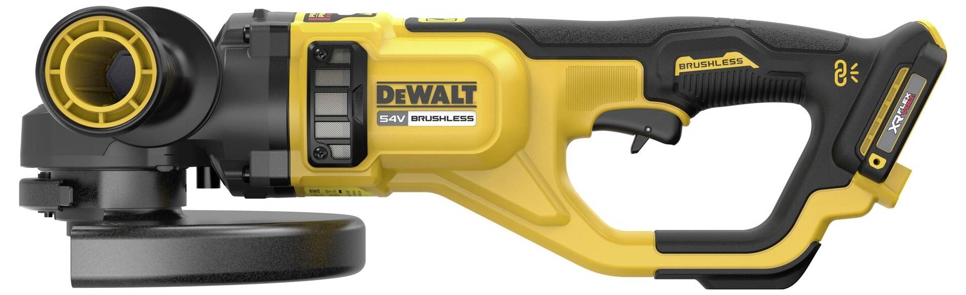 Ein gelber und schwarzer Akku-Winkelschleifer der Marke DeWalt mit der Aufschrift 'Brushless'.