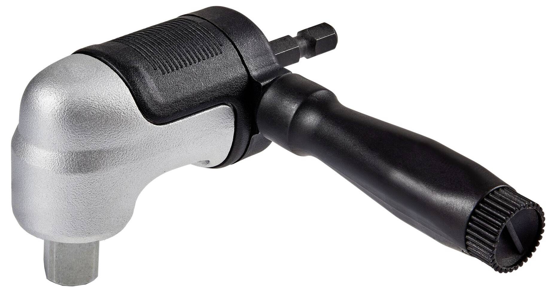 Winkelschraubendreheraufsatz in Silber und Schwarz. Ideal zum Schrauben in schwer zugänglichen Bereichen. Ergonomischer Griff für besseren Halt.