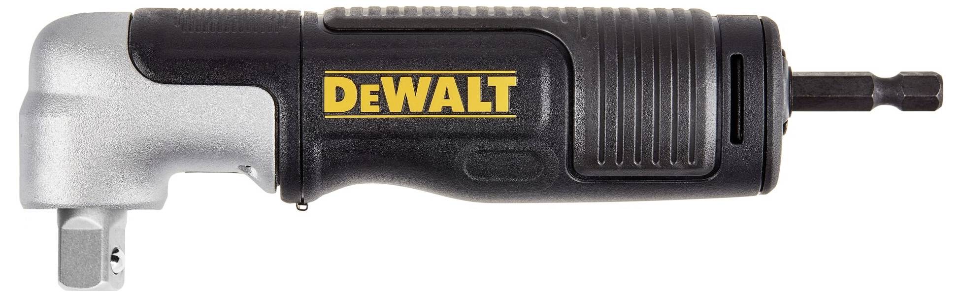Ein DeWALT-Winkeladapter mit robustem, ergonomischem Design für schwer zugängliche Schraubarbeiten.