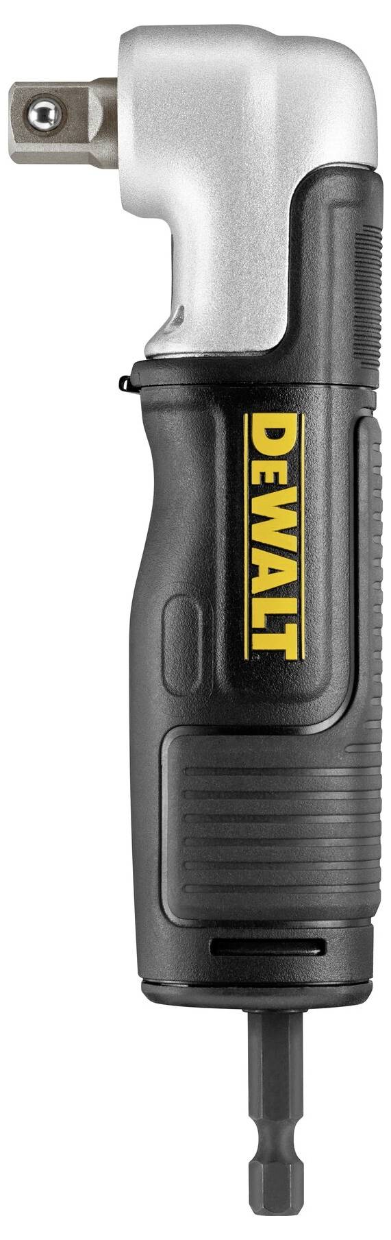 Ein DeWalt-Winkelaufsatz für Bohrmaschinen, schwarz mit gelbem Logo, geeignet zum Schrauben und Bohren in schwer zugänglichen Bereichen.