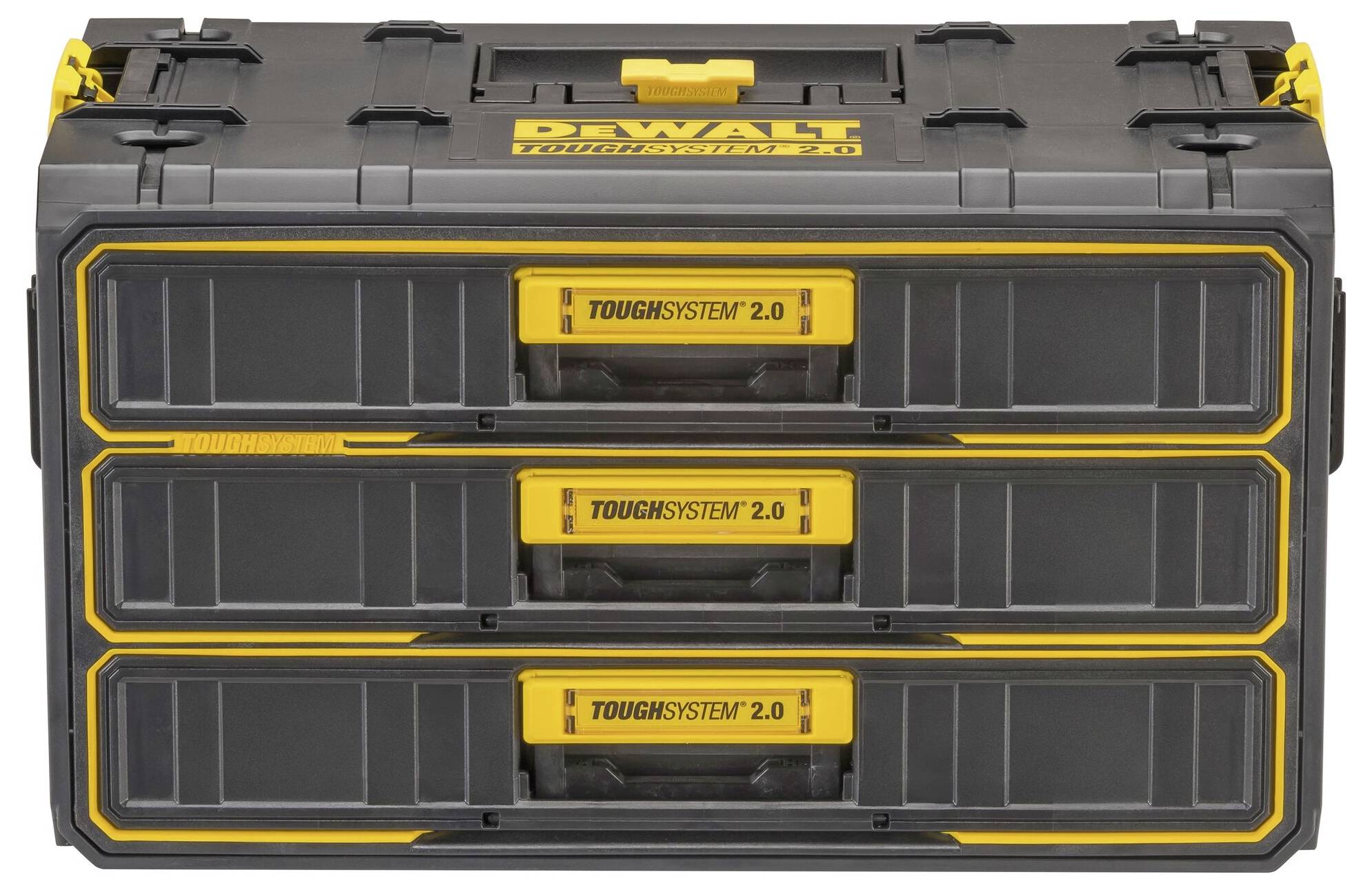 Das Bild zeigt einen schwarzen Werkzeugkasten mit drei herausziehbaren Schubladen und gelben Griffen, beschriftet mit 'ToughSystem 2.0'.