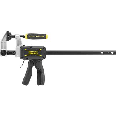 Eine Schraubzwinge mit ergonomischen Griffen und gelben Akzenten. Der Markenname 'Stanley Fatmax' ist auf dem schwarzen Körper sichtbar.