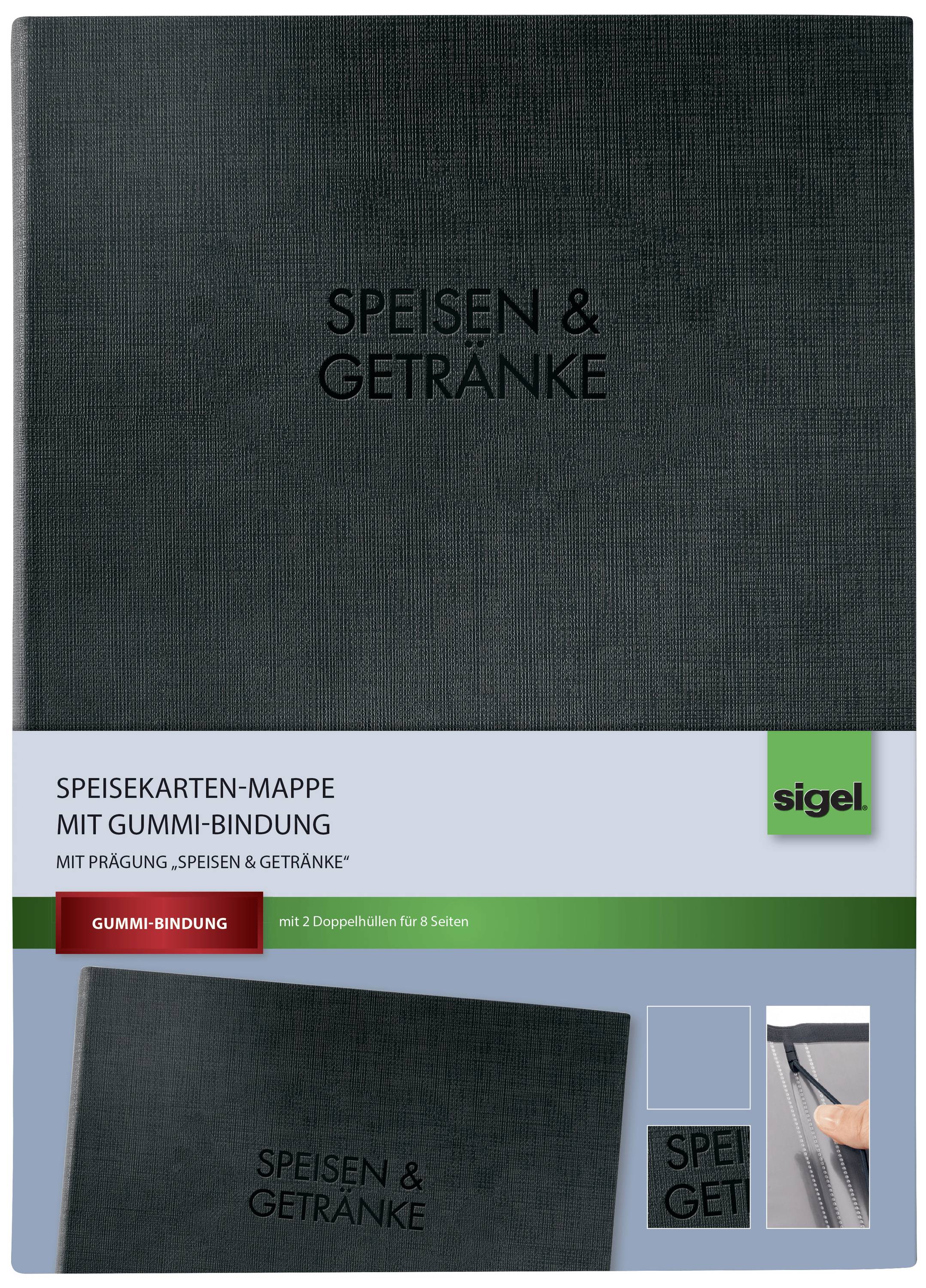Speisekarten-Mappe mit Gummibindung, dunkelgrau, geprägt mit 'Speisen & Getränke'. Verpackung von Marke Sigel.