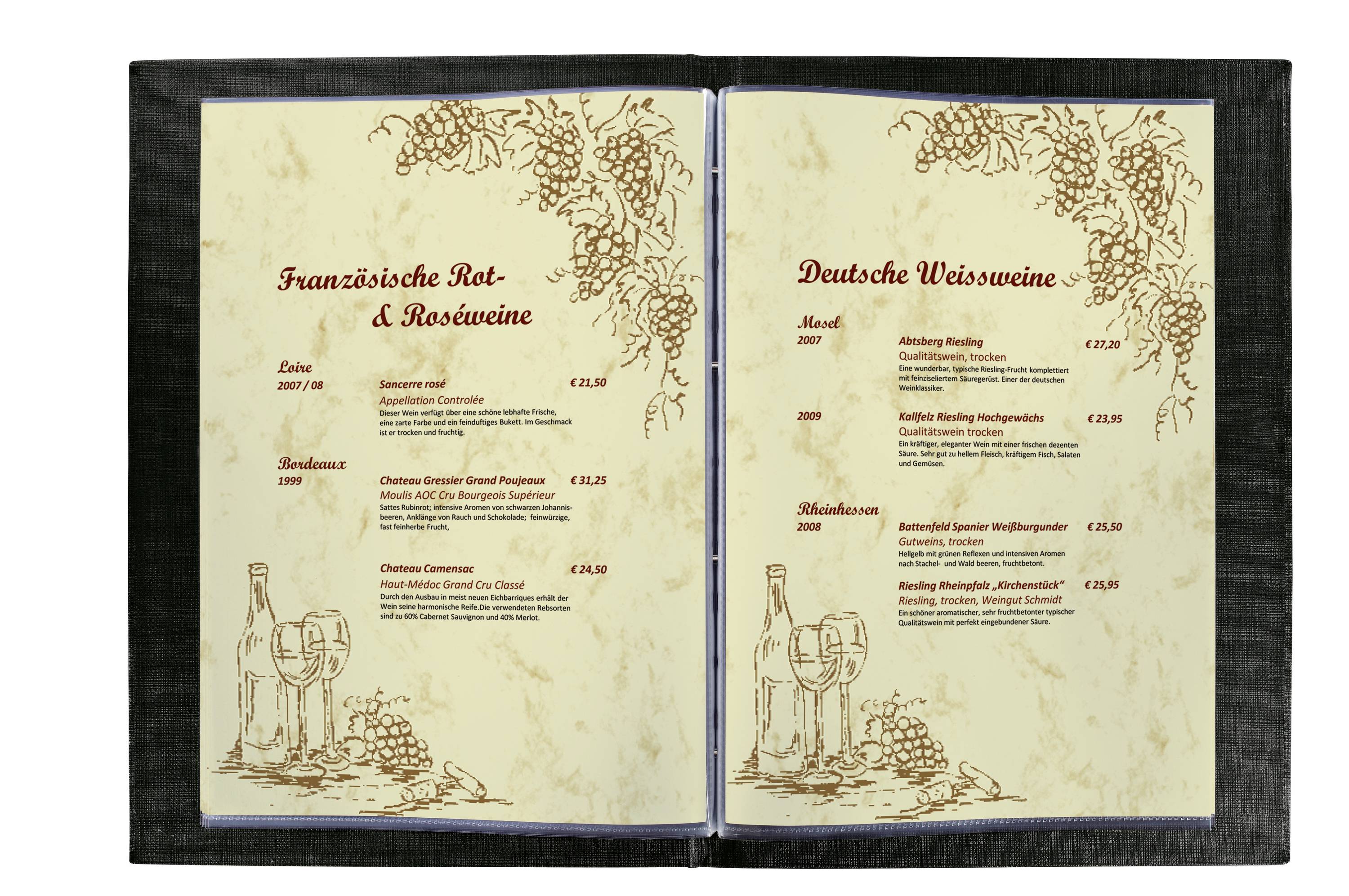 Speisekarte mit französischen Rot- und Roséweinen links und deutschen Weißweinen rechts. Auflistung von Jahrgang, Weinname und Preis.