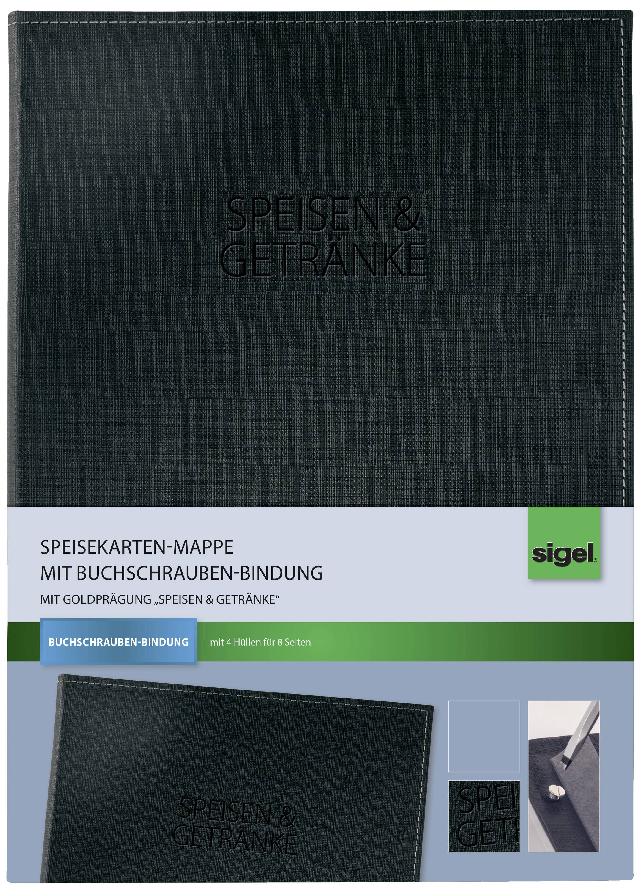 Schwarze Speisekartenmappe mit der Aufschrift 'SPEISEN & GETRÄNKE'. Unten links kleine Abbildung und rechts Detailansicht.