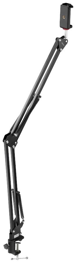 Schwenkbarer Mikrofonarm mit verstellbaren Gelenken, Befestigungsklemme und Halterung für ein Mikrofon, geeignet für Studioaufnahmen.