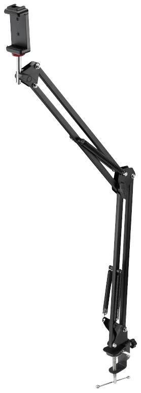 Schwarzer Mikrofonarmhalter mit verstellbarem Gelenk und Klemme zur Befestigung an Tischkanten. Geeignet für Studiomikrofone.