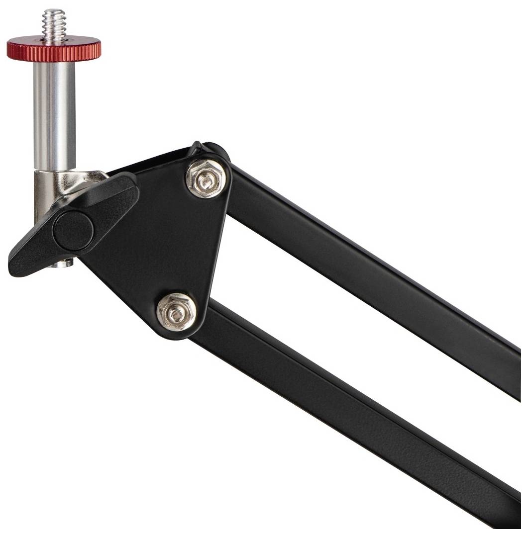 Mikrofonarm mit Schraubverbindung und rotem Drehrad, geeignet zum Befestigen an Tischen. Robuste, schwarze Metallkonstruktion.