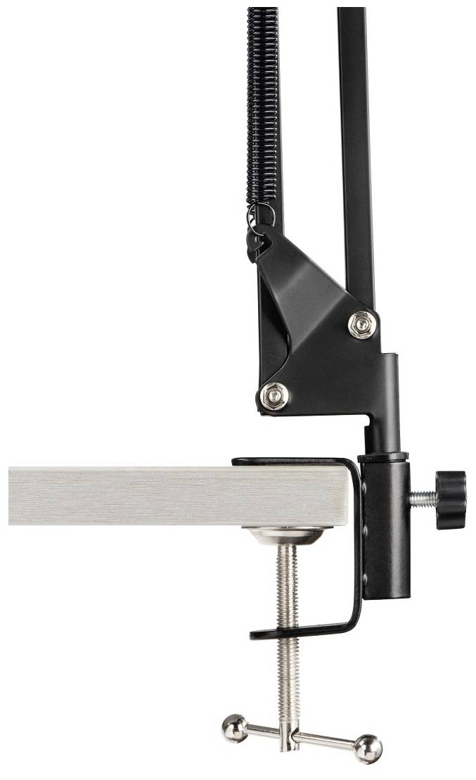 Eine schwarze metallische Tischhalterung mit Federmechanismus, die an der Tischkante befestigt ist.