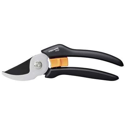 Eine schwarze Gartenschere mit einer silbernen Klinge und einem orangefarbenen Verschluss.