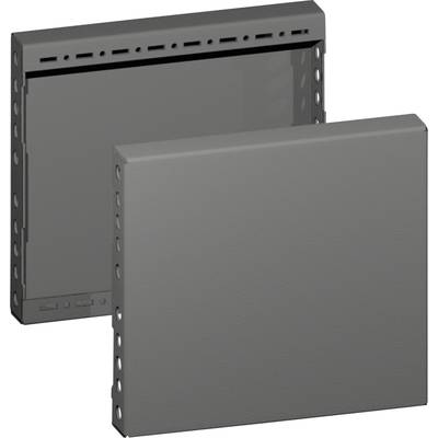 Zwei graue, quadratische Metallplatten mit Löchern an den Seiten, möglicherweise Teile eines Befestigungssystems.