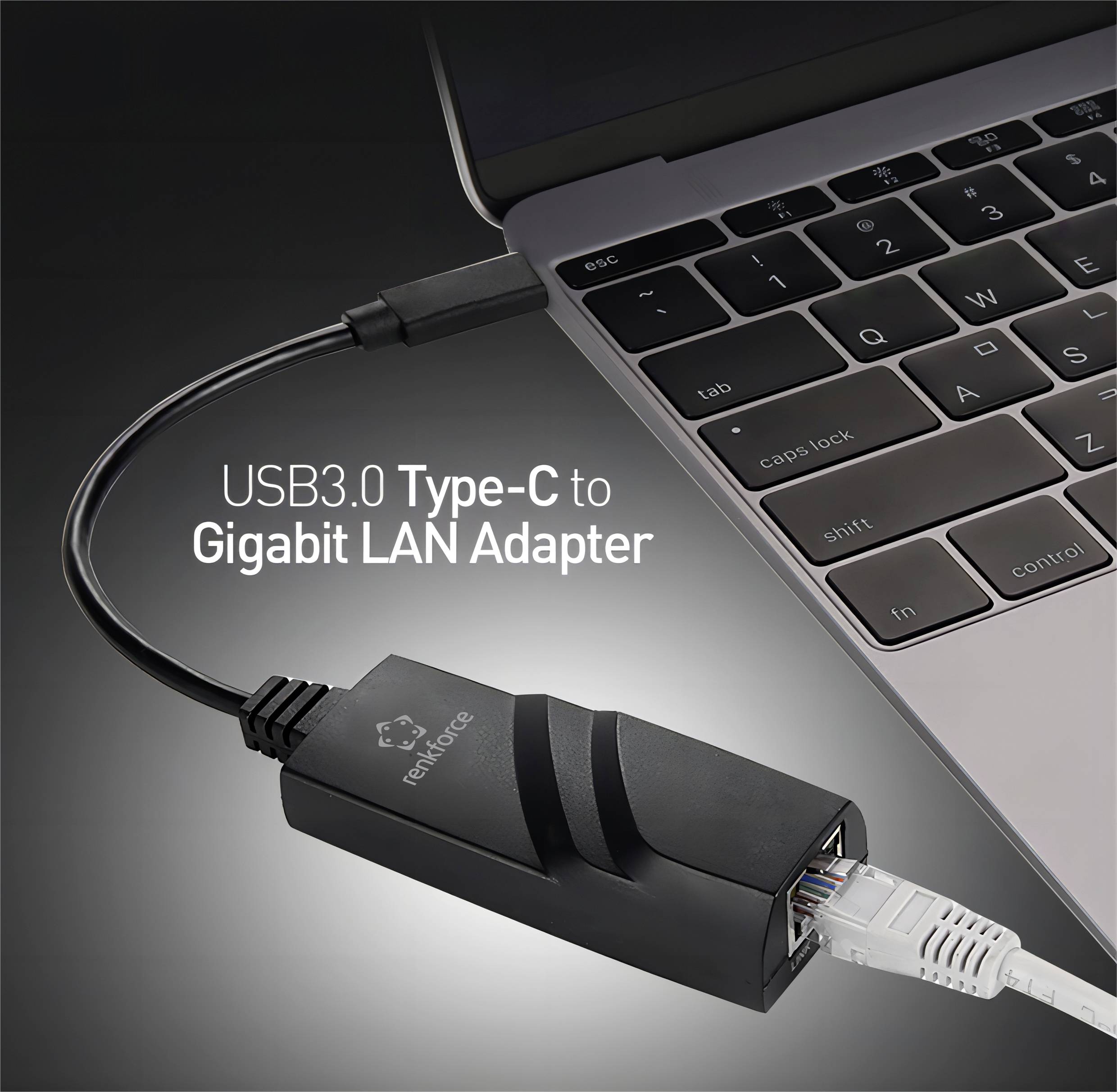 Ein schwarzer 'USB3.0 Type-C to Gigabit LAN Adapter' ist mit einem Laptop verbunden, auf dem das Wort "ENTER" zu sehen ist.