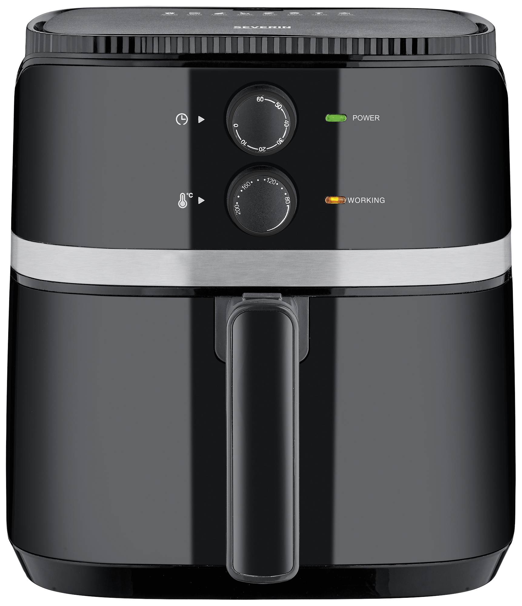 Schwarze Heißluftfritteuse mit zwei Drehreglern an der Vorderseite, einer Power-Leuchte und einer Betriebsanzeige.