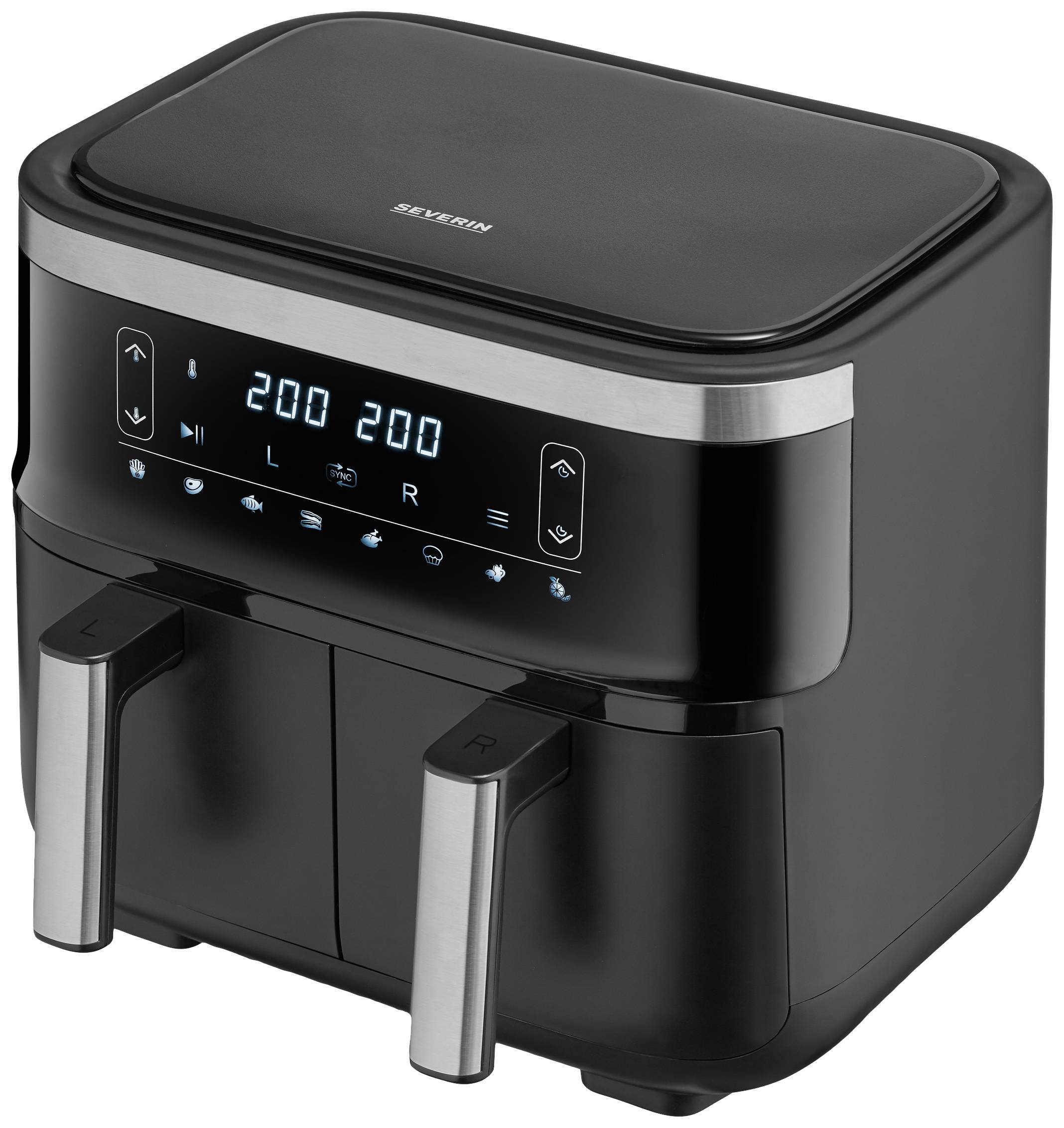 Eine schwarze Heißluftfritteuse mit Digitalanzeige zeigt 200 Grad Celsius und 20 Minuten. Sie hat zwei separate Fächer mit Griffen.